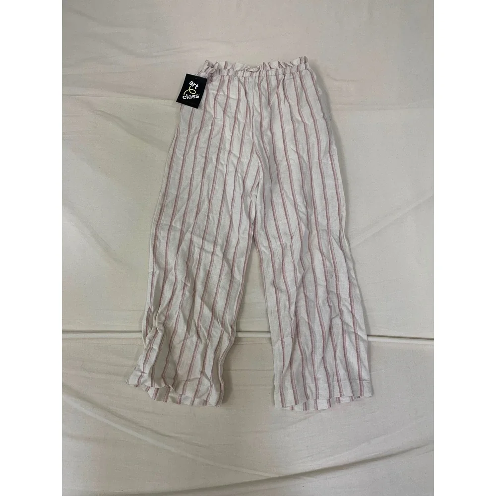Art Class Girls Striped Linen Blend Wide Leg Pants Pink White Size S 6/7 NWT_2